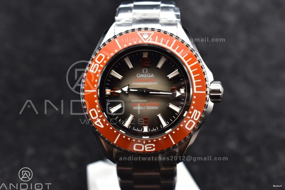 A2824 Ceramic Deep Edition 1:1 Bezel TF Orange Dial Best SS 6000M Seamaster on Gray Bracelet SS Ultra 1224